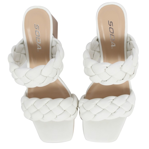 Shoes - White Braided Open Toe Double Strap Stacked Heels